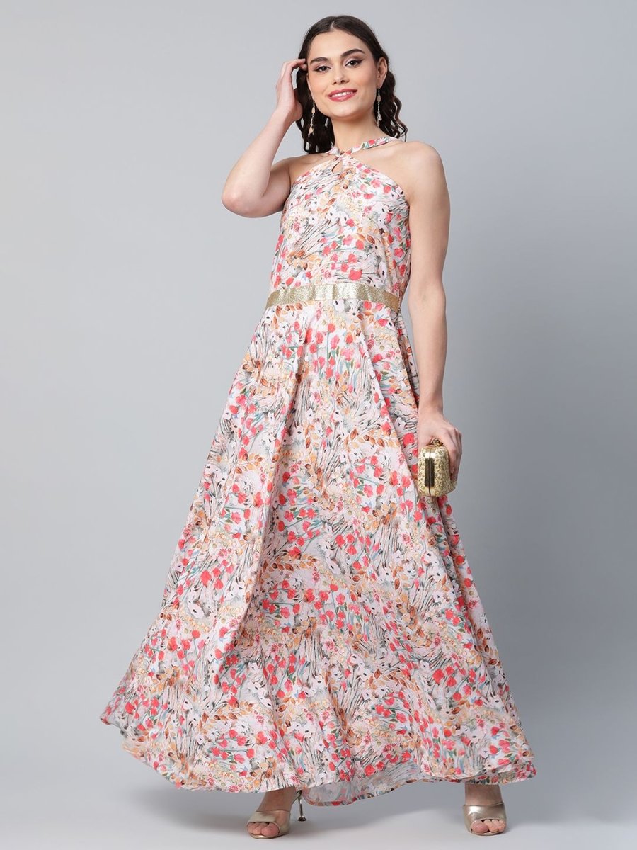 Ahalyaa Women Crepe Printed Classic White Romantic Florals Dress