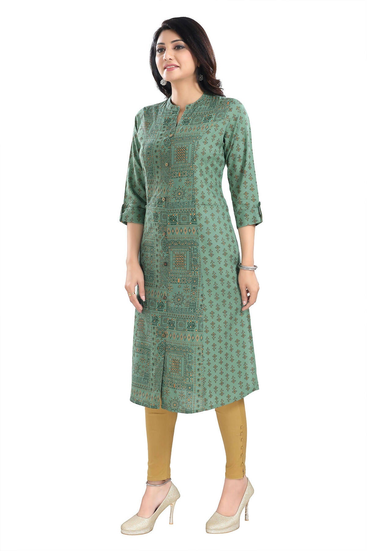 Snehal Creations Pleasing Pista Green Rayon Print Long Kurta For Women