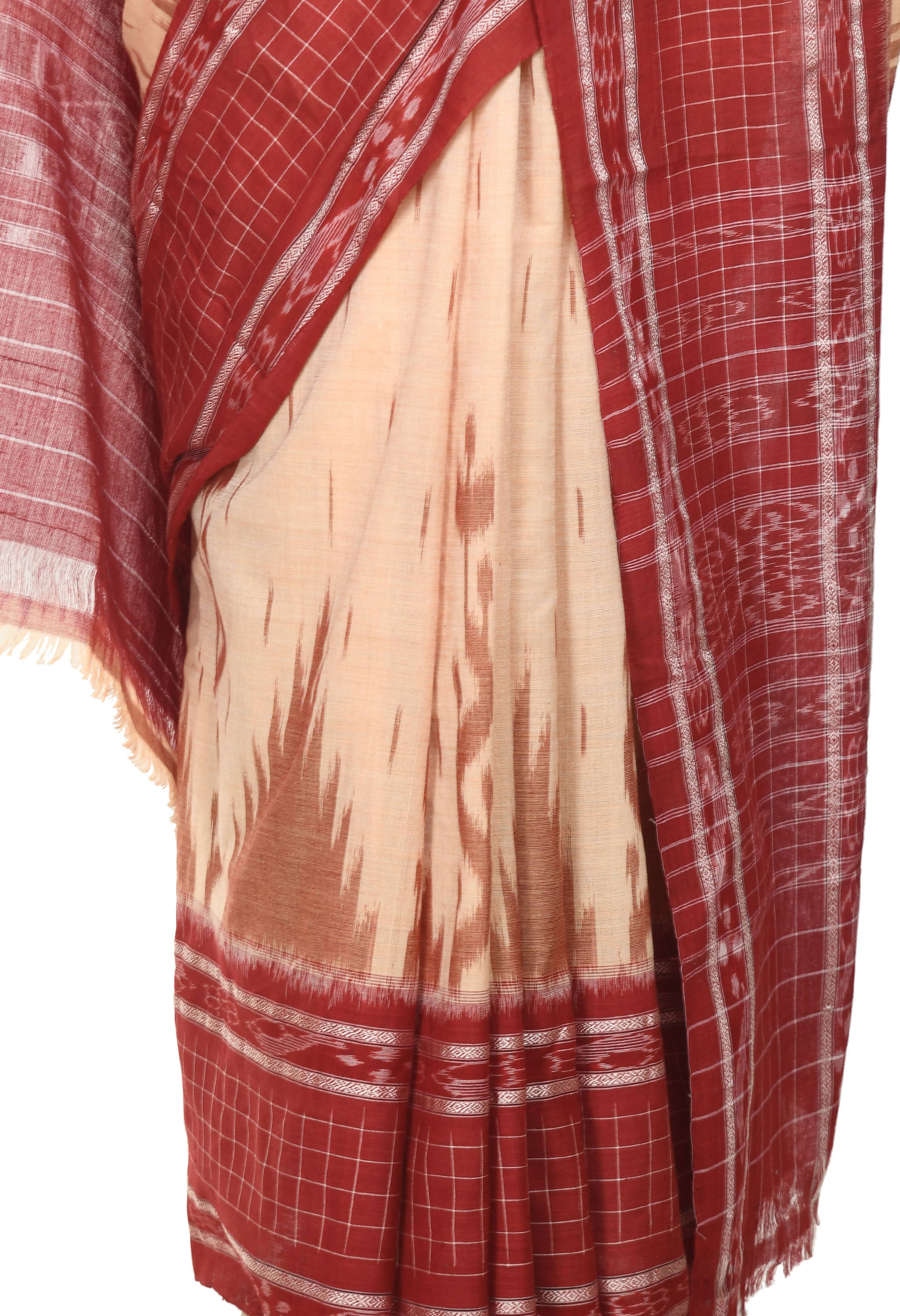 Vamika Sambalpuri Ikat Cotton Scot Dali Tasrite & Maroon Saree