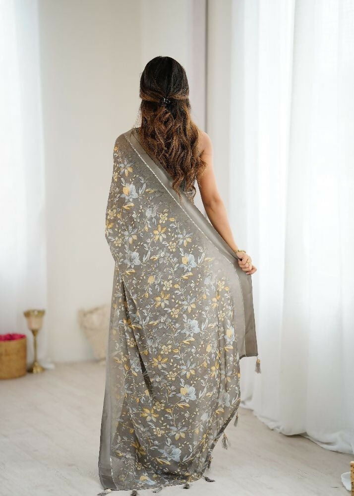 PR Fashion Grey Bright Moss Satin Patta Printed Saree