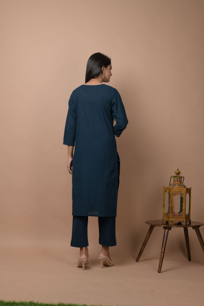 Kaajh Women's Navy Blue Solid Sequins Embellished Kurta Pant Set