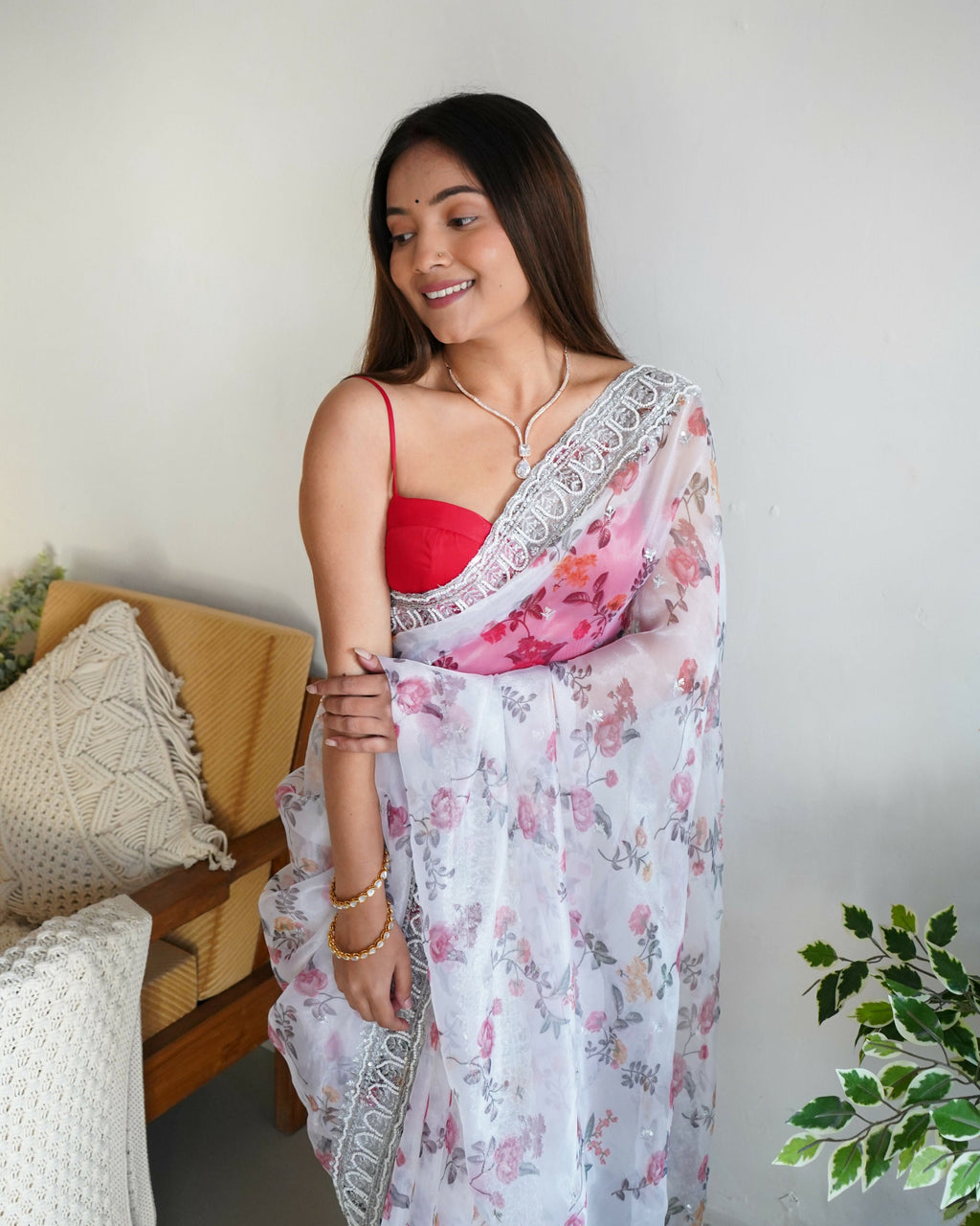 Vamsee Ferry White Organza Saree