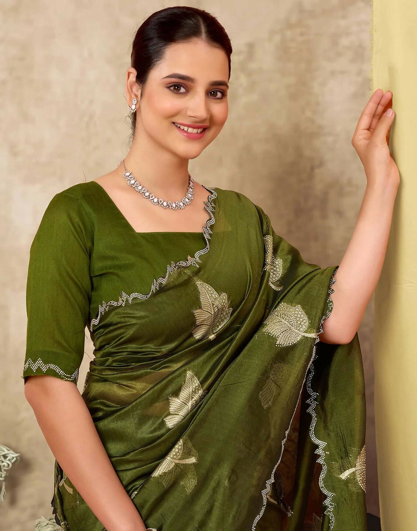 Joban Fashion Olive Green & Golden Silk Blend Embroidery Saree