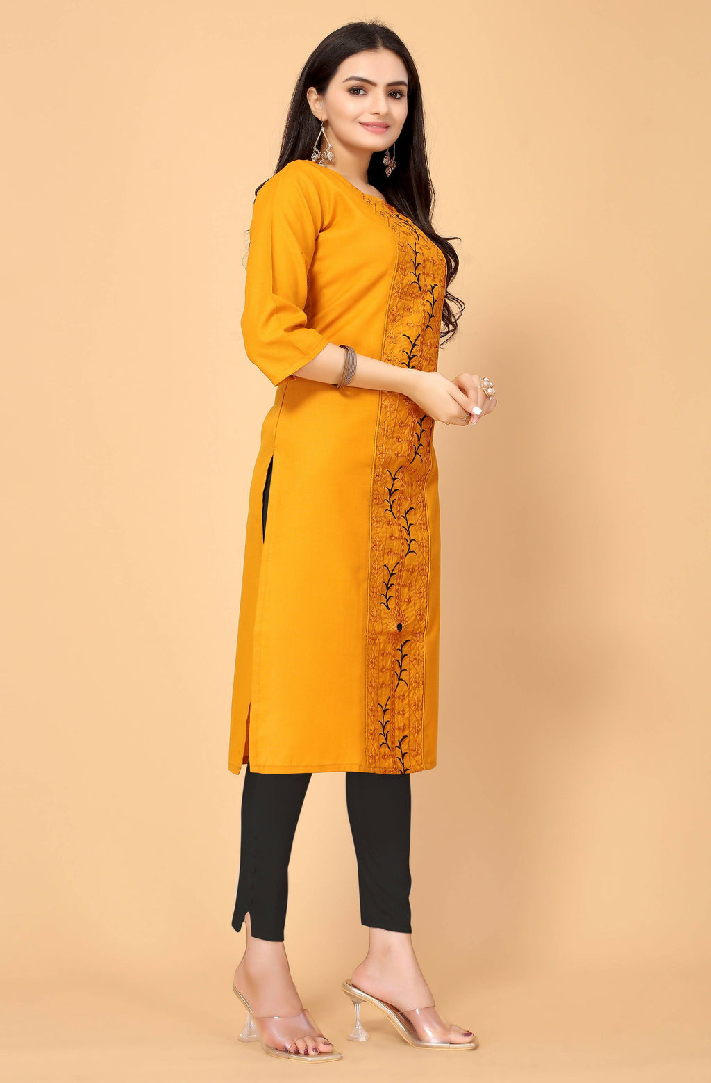 Musterd Cottan Slub Embroidery Kurti - Umi