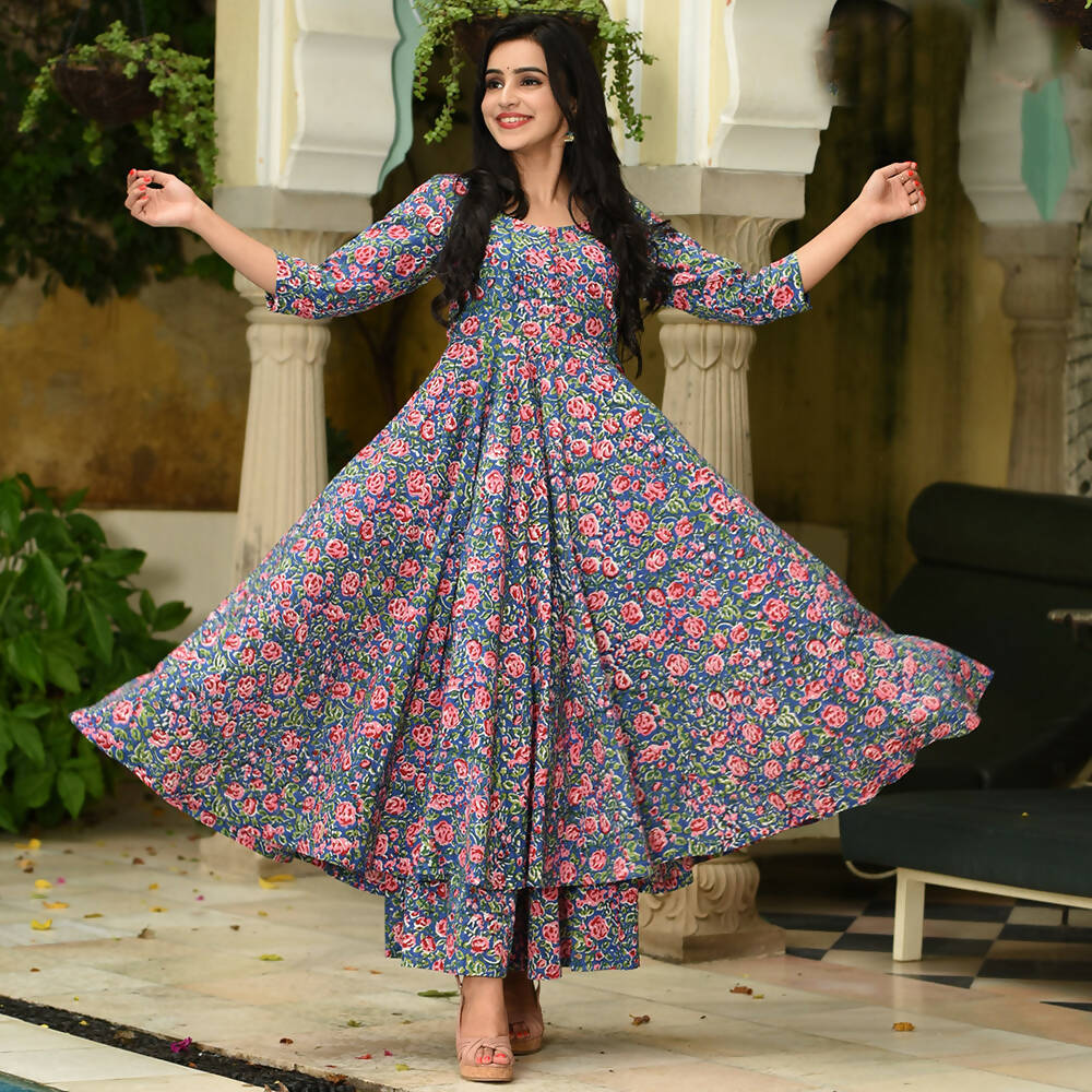 PartyWear Designer Blue and Pink Pure Maslin Palazzo Suit - Anbazaar