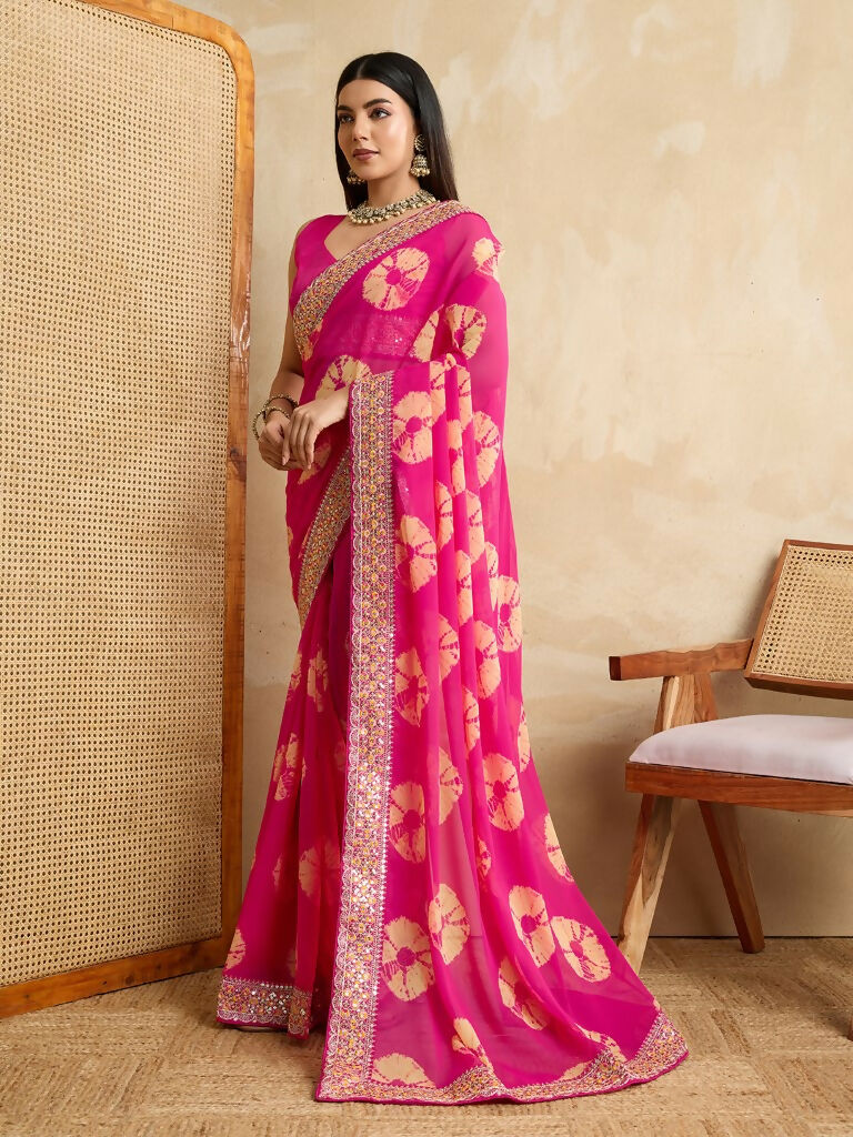 Pink Georgette Printed Designer, Embroidery Work Lace Border Saree - Aarvi