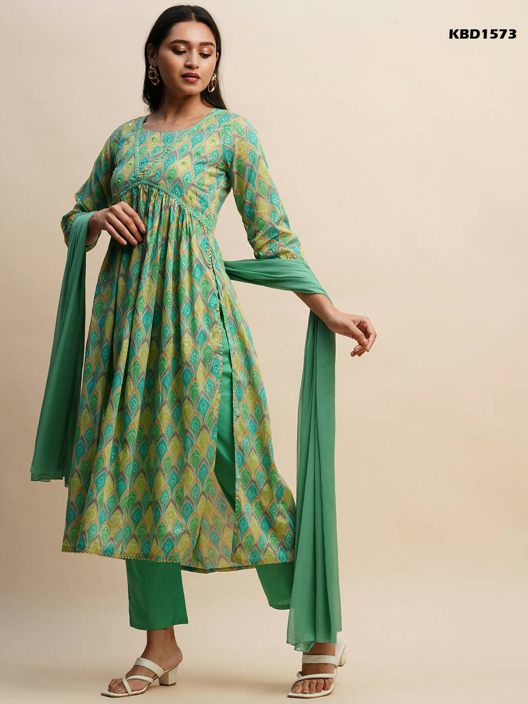 Sea Green Pure Cotton Bandhani Printed Naira Cut Kurta And Bottom With Dupatta - Akashara