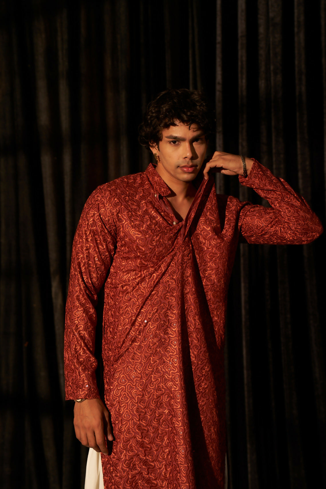 Berry Red Viscose Chikankari Embroidery Work Men's Kurta Set - Mahotsav