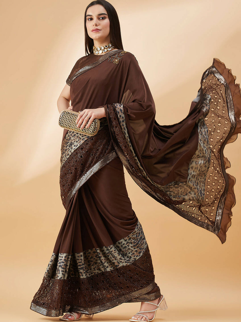 Brown Lycra Animal Print, Fancy Value Addition Fabric Saree - Norita Hit Design