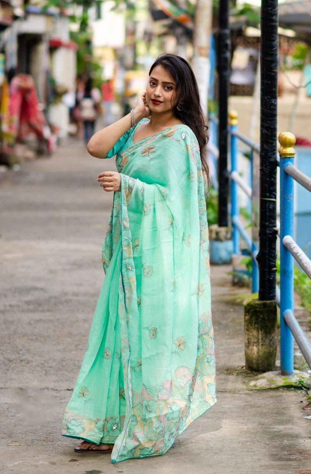 SeaGreen Pure Linen Ethnic Motifs Saree with Unstitched Blouse - Hiral Fashion