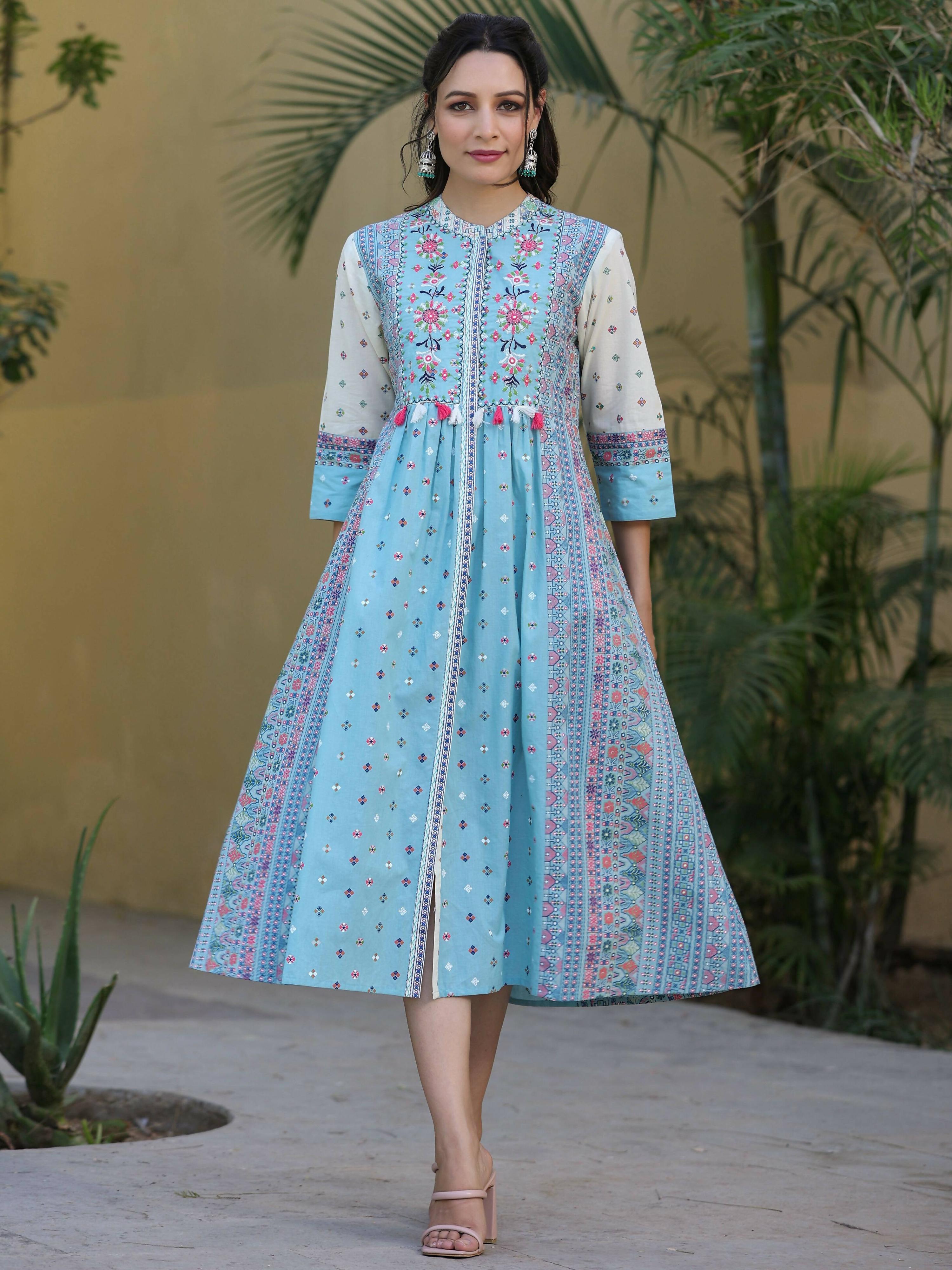 Juniper Women's Skyblue Cambric Printed Flared Dress