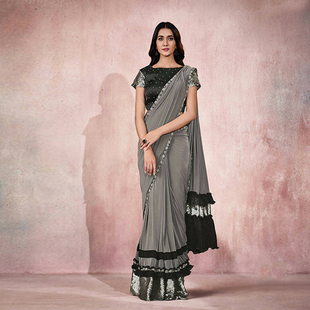Grey Lycra Embroidery Designer Saree With Blouse - Mohmanthan Sitaarah