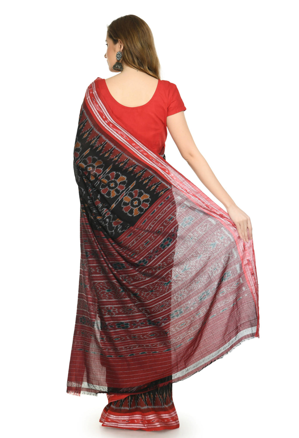 Vamika Sambalpuri Ikat Cotton Dehabandha Tribal Maroon & Orange Saree