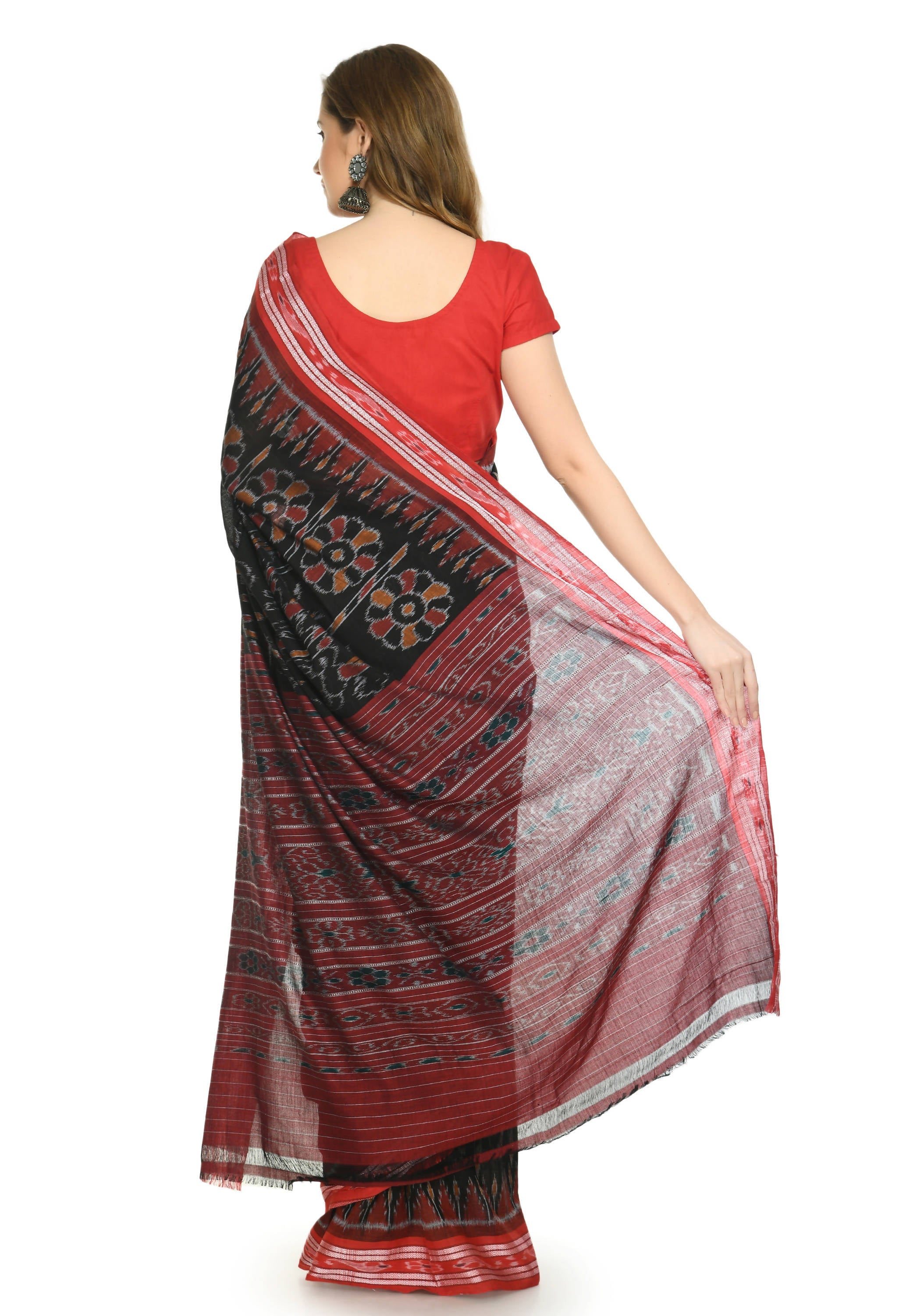 Vamika Sambalpuri Ikat Cotton Dehabandha Tribal Maroon & Orange Saree