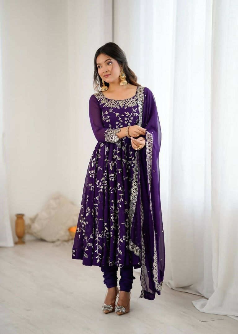Teeya Creation Purple Color Heavy Faux Georgette Embroidery Work Gown