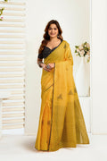 Vastranavya Mustard Digital Printed Linen Ready To Wear Designer Saree with Unstitched Blouse