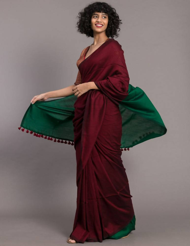 Suta Maroon Green Colourblocked Cotton Blend Saree