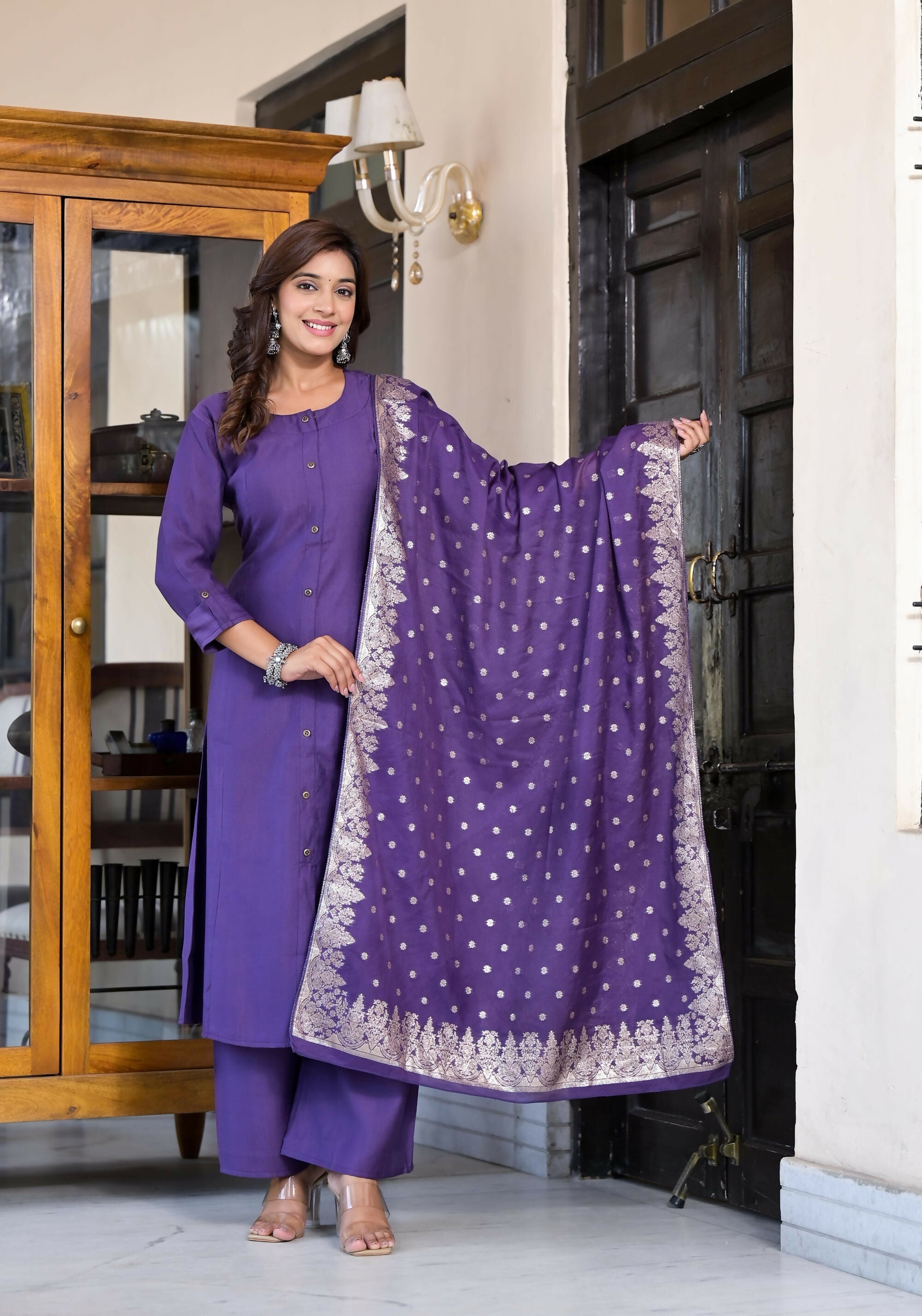 Juniper Women's Purple Zari Embroidered Cotton Kurta Set With Button Closure