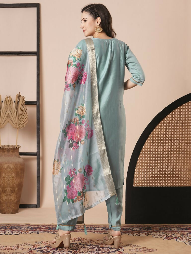 Sky Blue Viscose Chanderi Embroidery Work Kurta Set - Riya