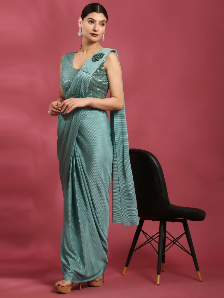 Sea Green Imported Crush Lycra Texture Pattern Ready to Wear Saree with stitched Blouse - Nirvana