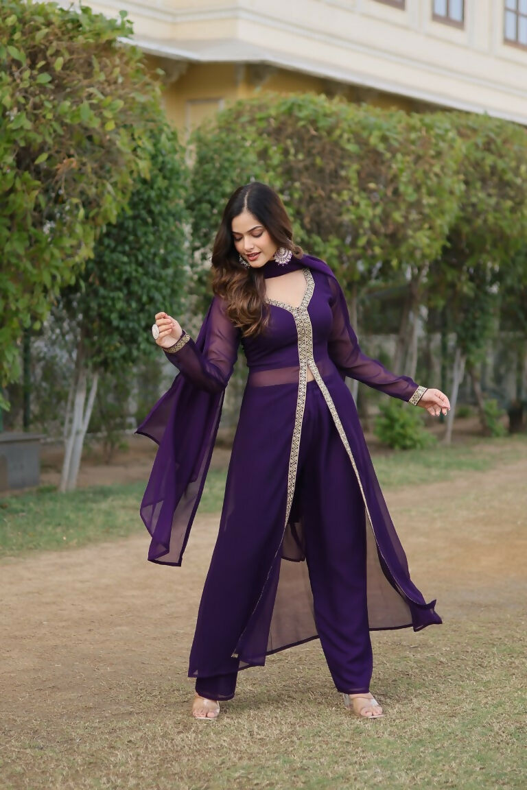 Jyoti Fashion Women's Purple Faux Blooming Embroidered Kurta with Trouser & Dupatta
