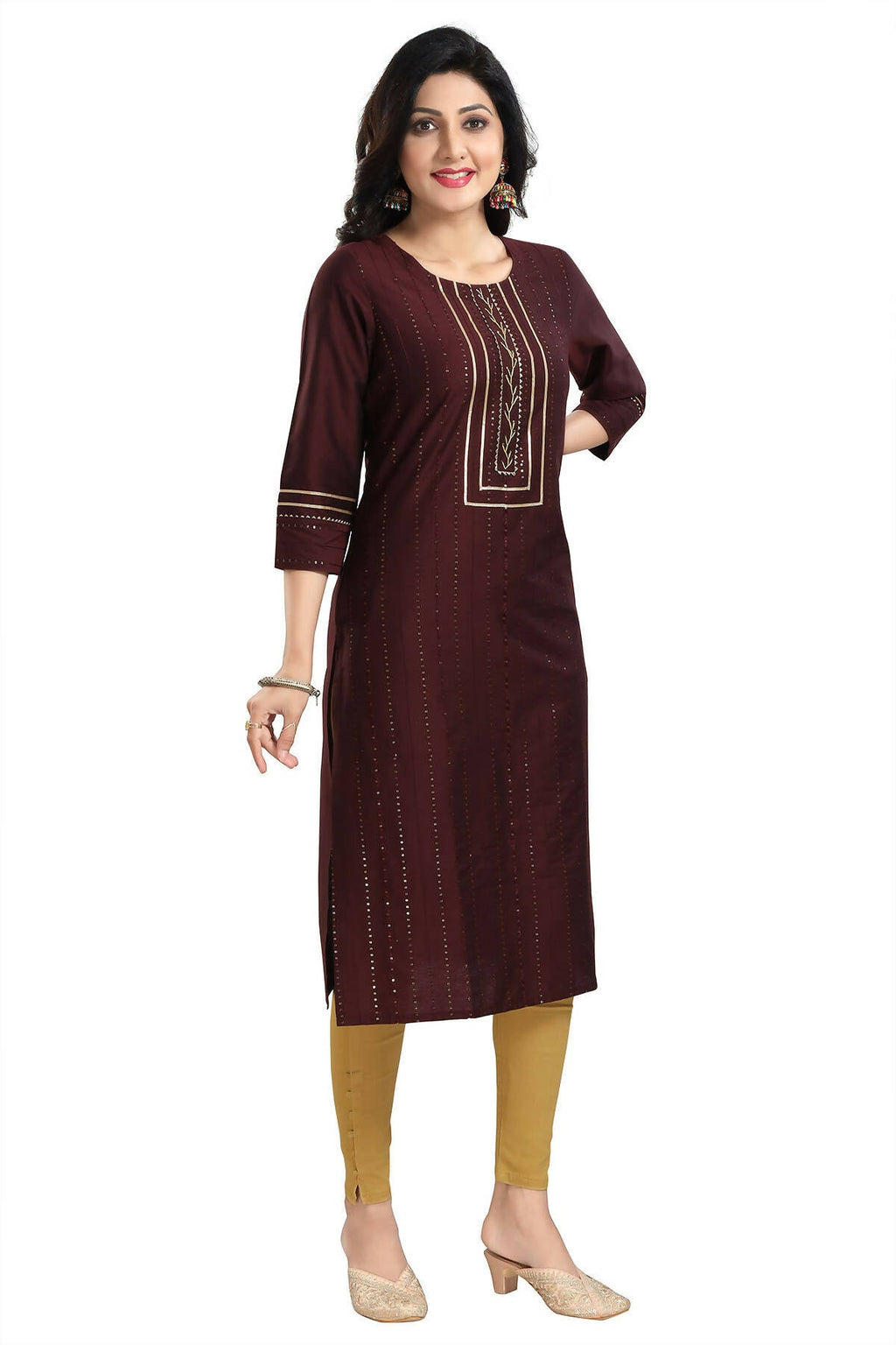 Snehal Creations Beautiful Brown Cotton Silk Designer Long Kurti Tunic With Sequines Embroidery