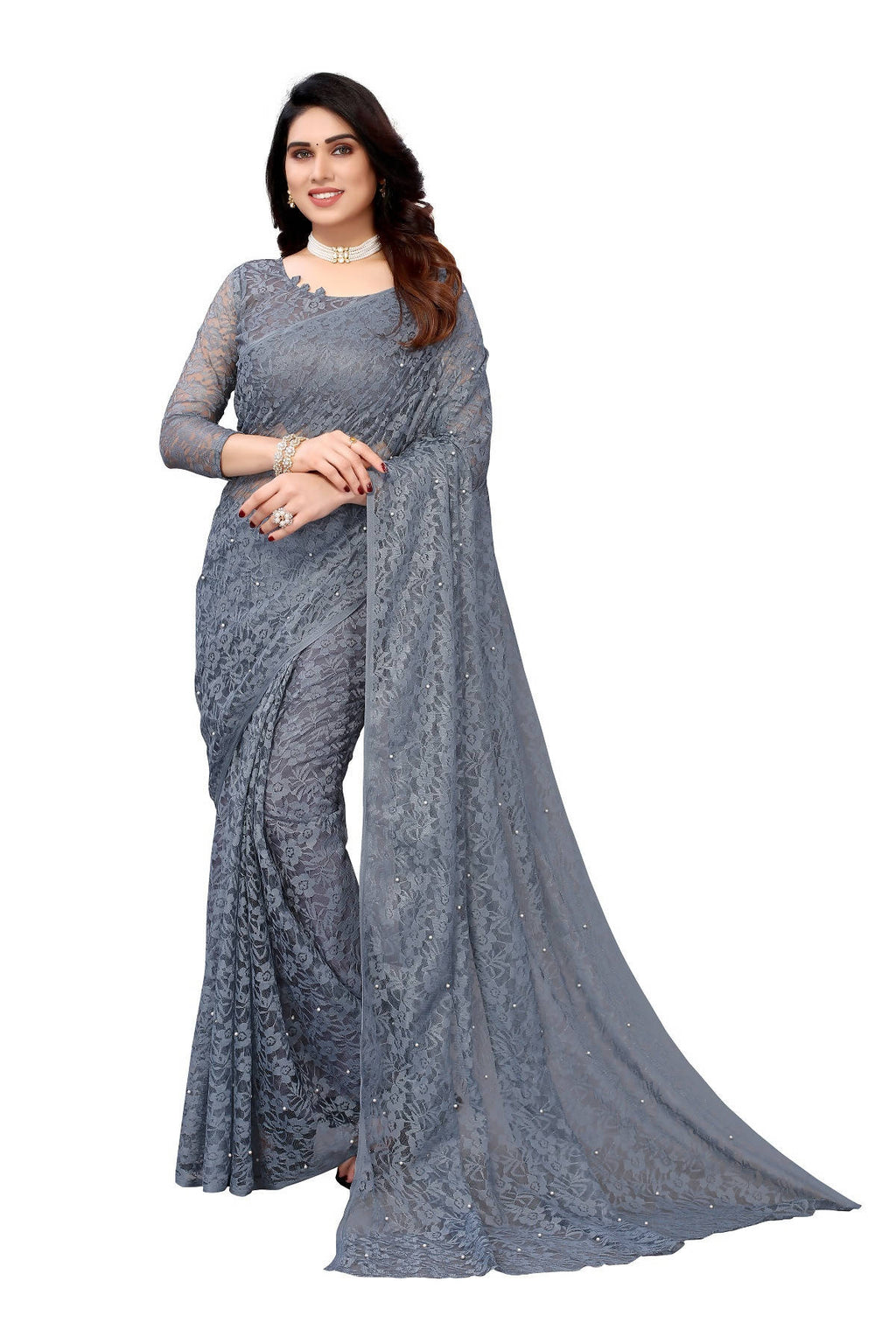 Vamika Ethnic Fire Grey Pearls Net Saree