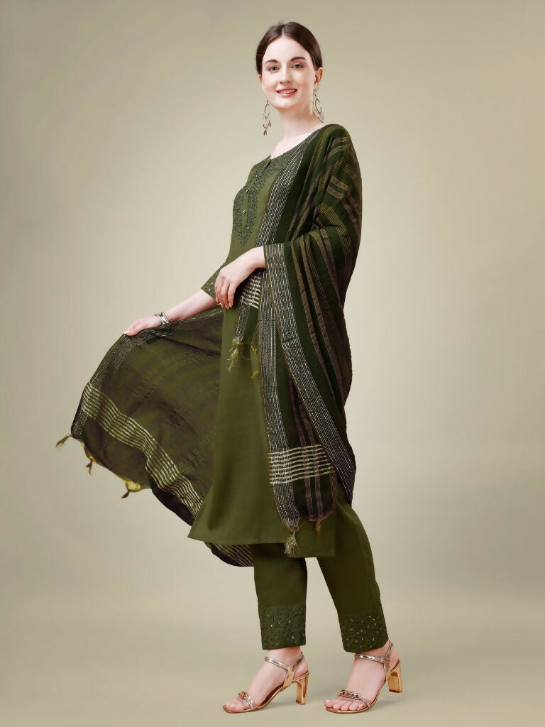 Jyoti Fashion Women's Mehendi Cotton Blend Embroidery & Sequence work Kurta with Trouser & Dupatta