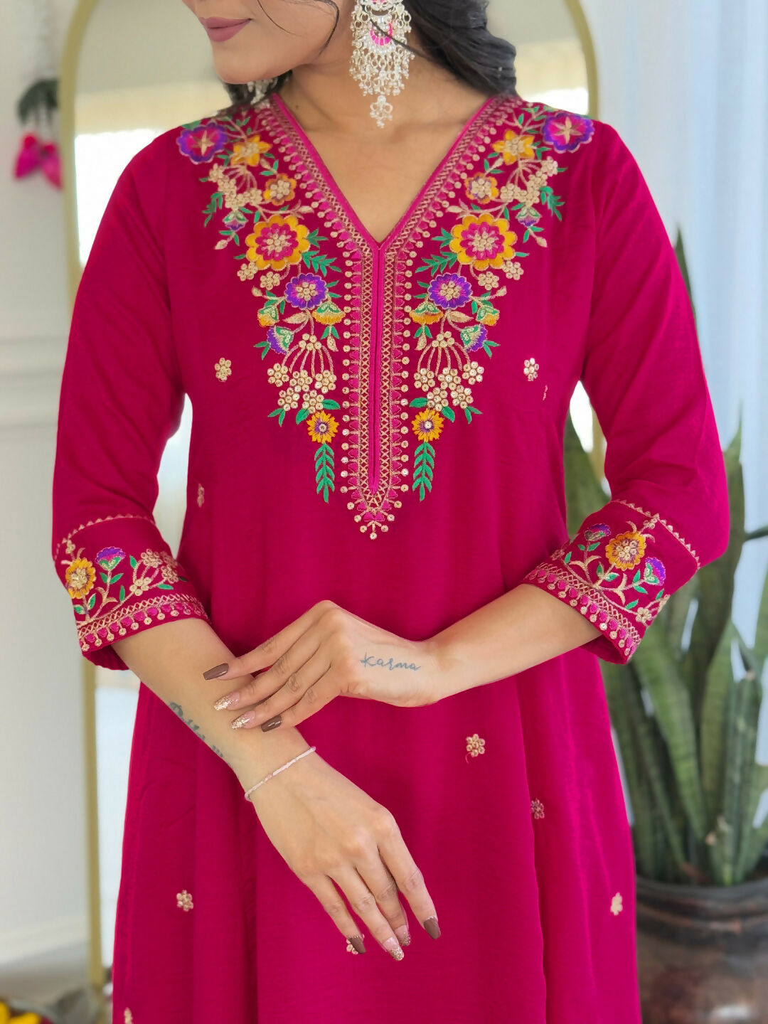 The52 Rani Women's Beautiful Embroidered Work Vichitra Silk Fabric Straight Kurta Pant and Dupatta Set