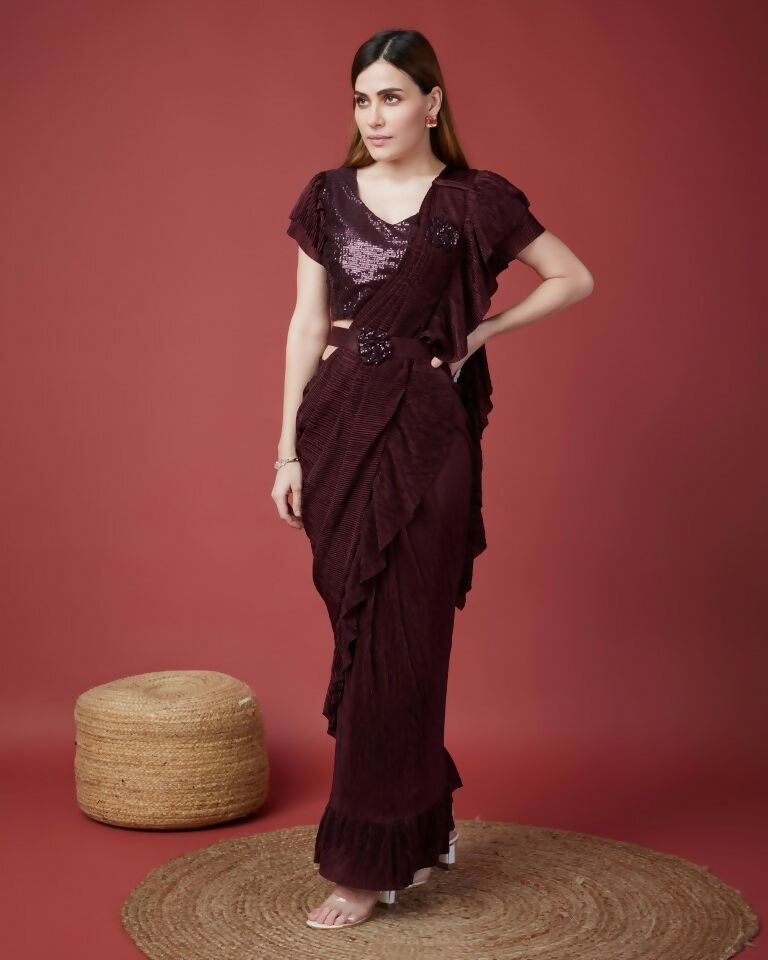 Wine Imported Crush Solid Ready to Wear Saree with stitched Blouse - Aayan
