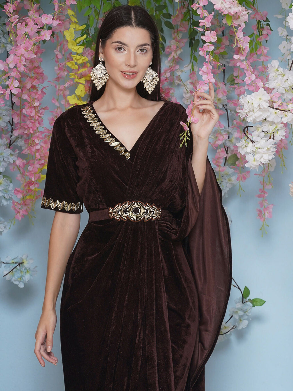 Joban Fashion Brown Hand Embellished Gown With Drape and Belt