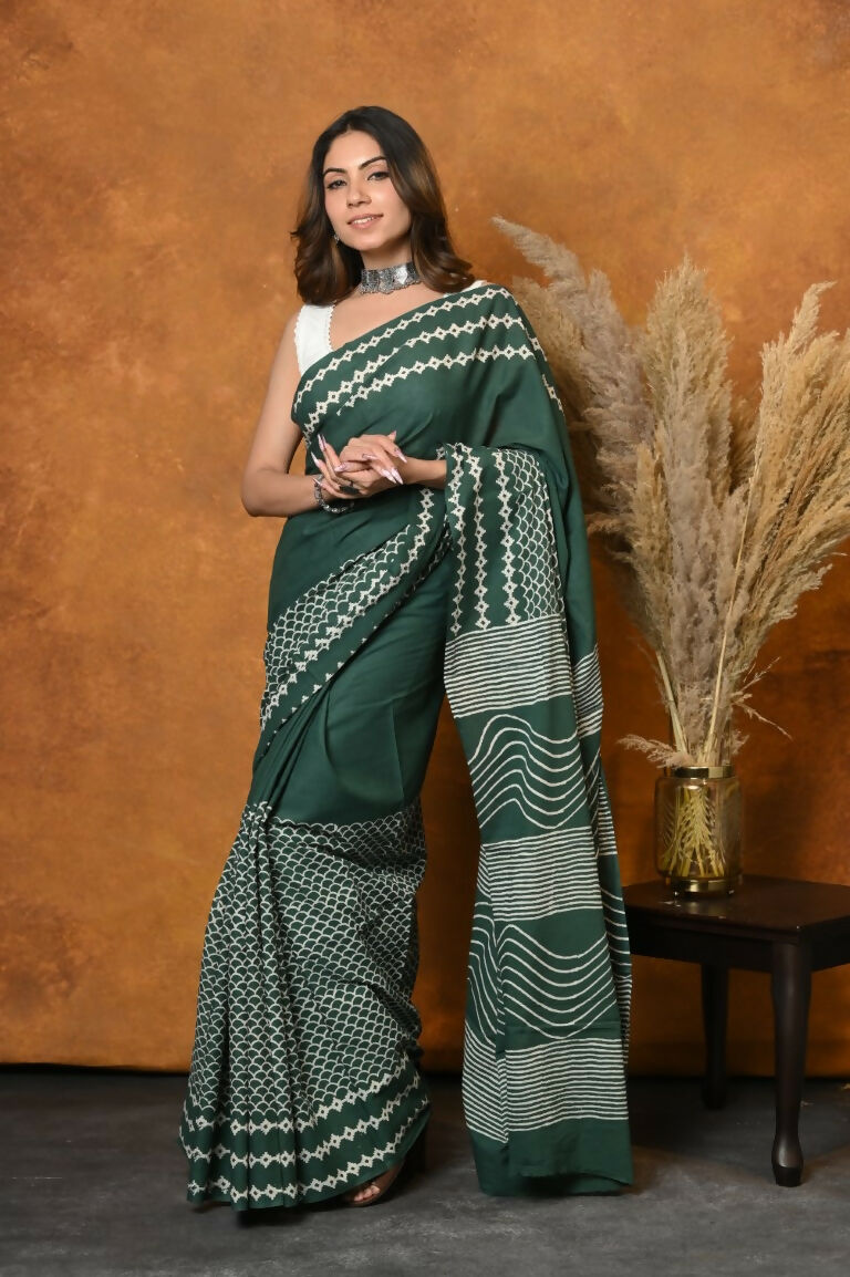 Very Much Indian Handblock Printed Cotton Saree With Natural Dyes - Leaf Green