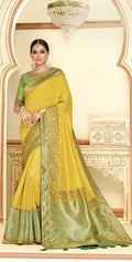 Yellow Satin Silk Zari Embroidery, Laser Cut Borders, Tassels Saree - Norita Alankrita