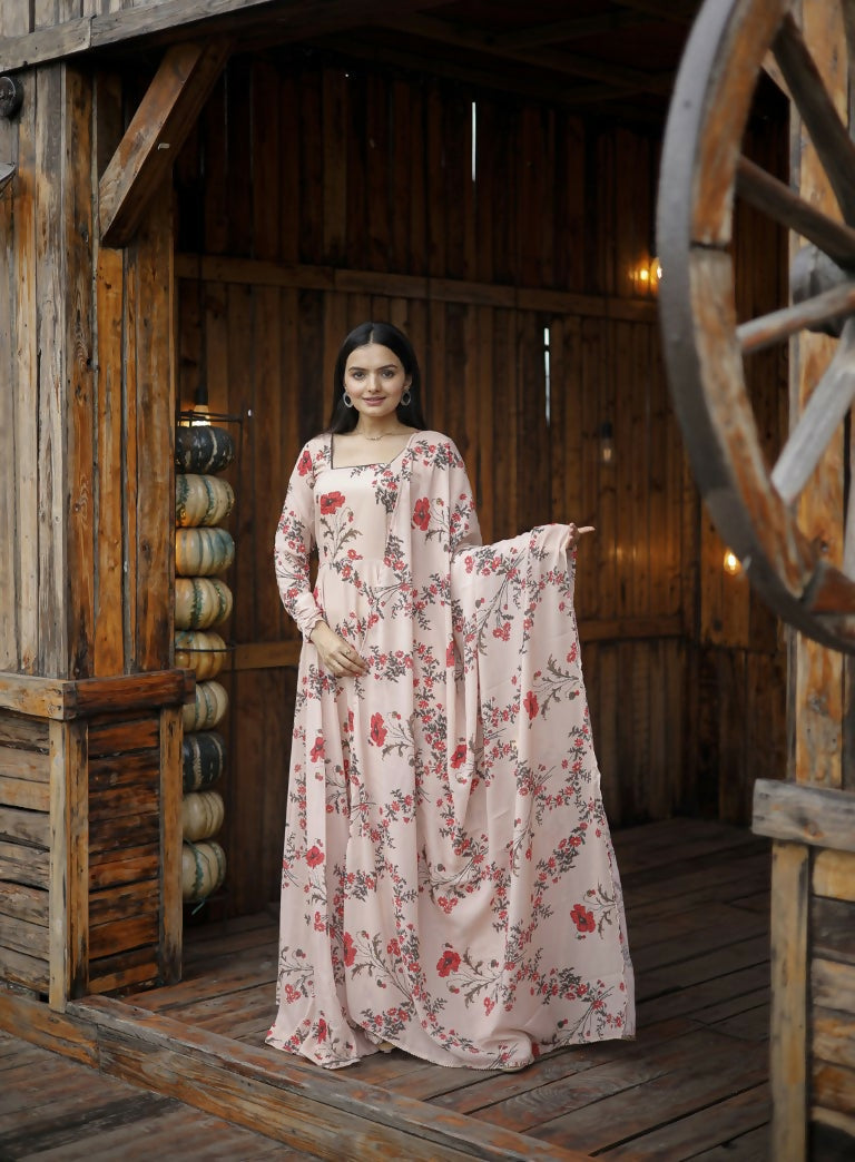 Jyoti Fashion Women's Cream Faux Georgette Floral Digital Printed Anarkali Dress with Dupatta