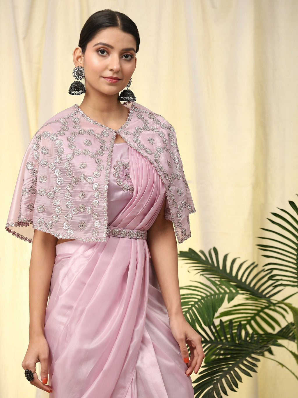 Light Lavendar Satin Solid Ready to wear Saree with stitched Blouse - Vanita