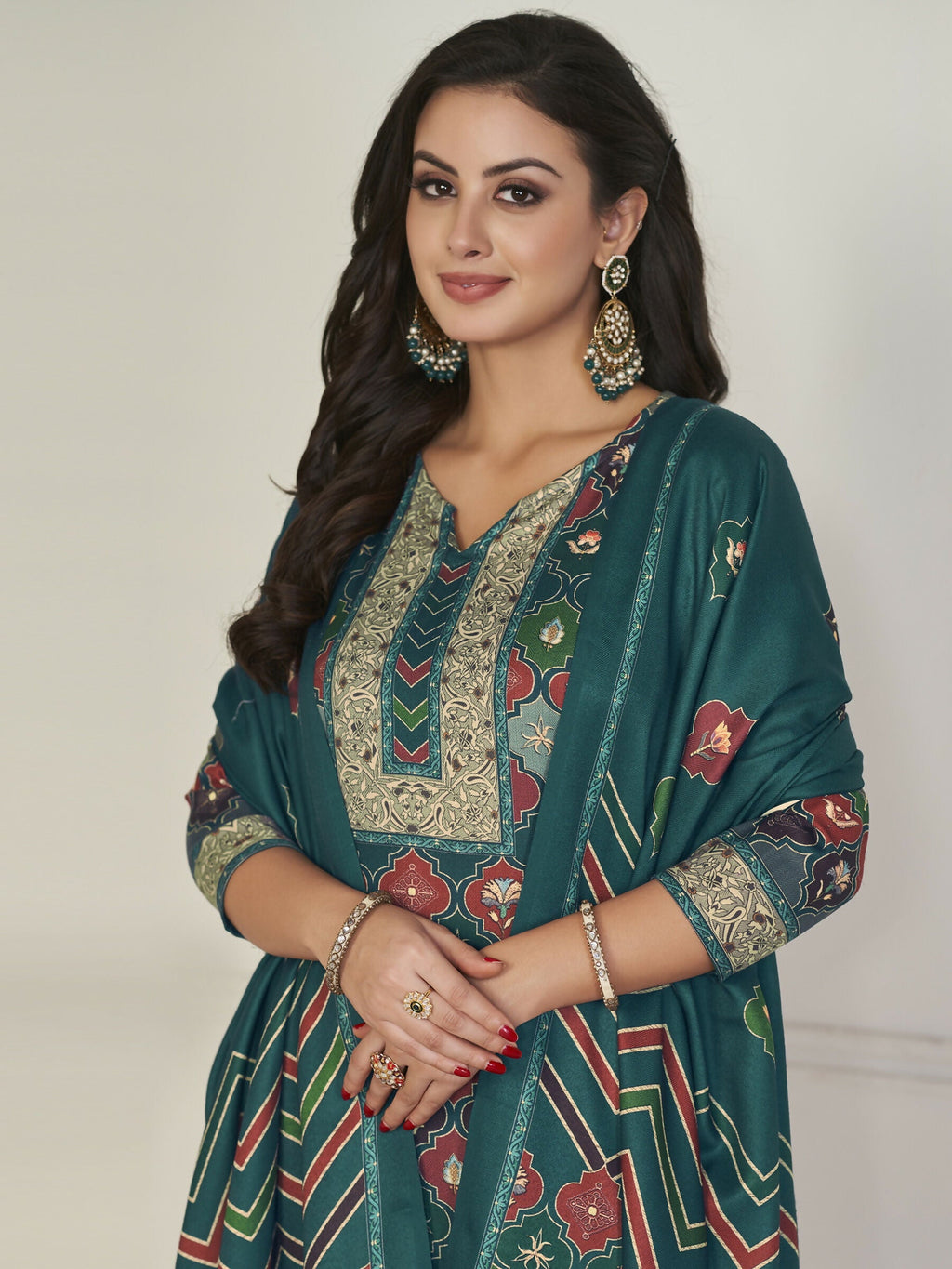 Jyoti Fashion Women's Multicolor Pashmina Digital Printed Kurta with Trouser & Dupatta