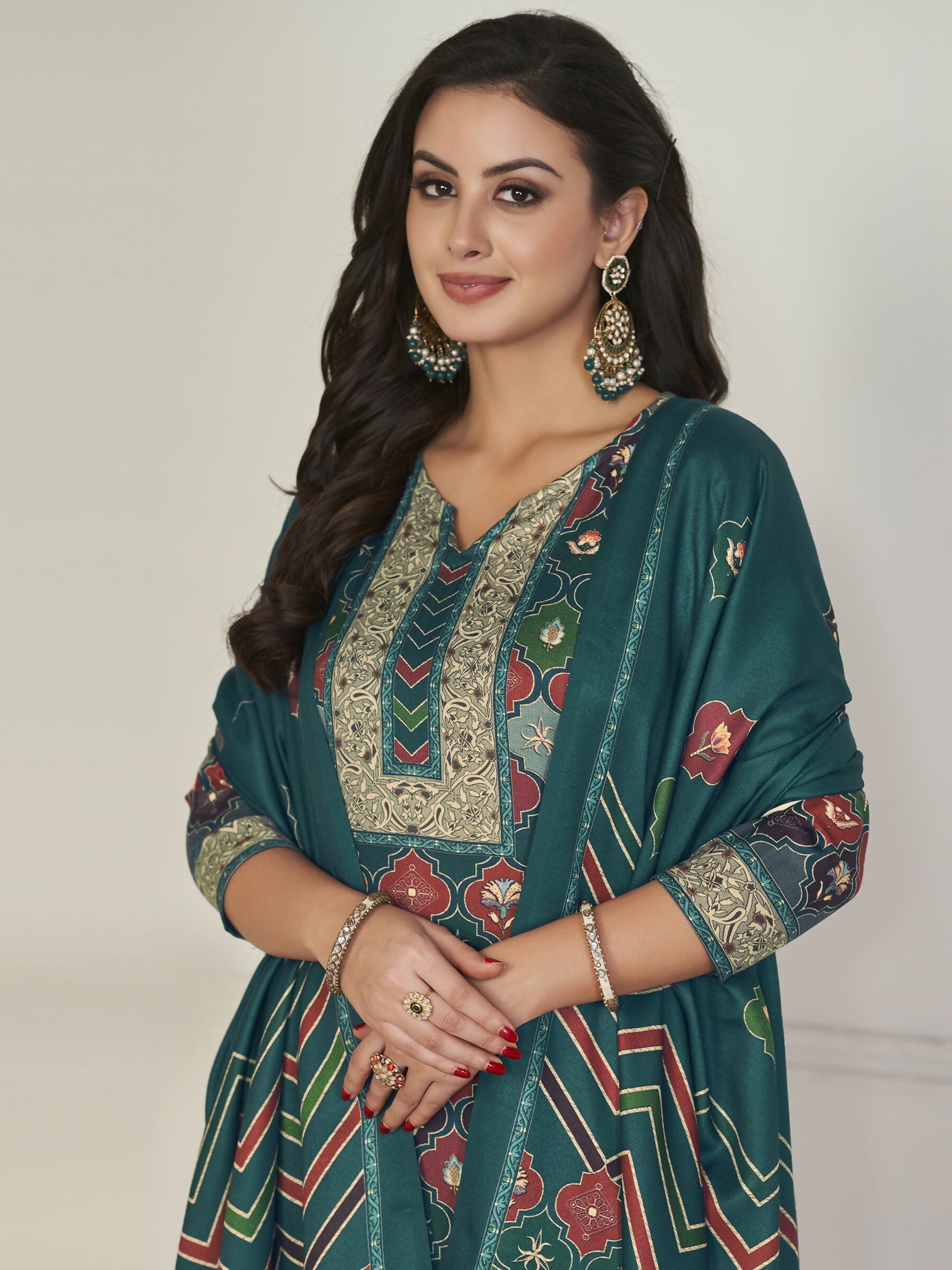 Jyoti Fashion Women's Multicolor Pashmina Digital Printed Kurta with Trouser & Dupatta