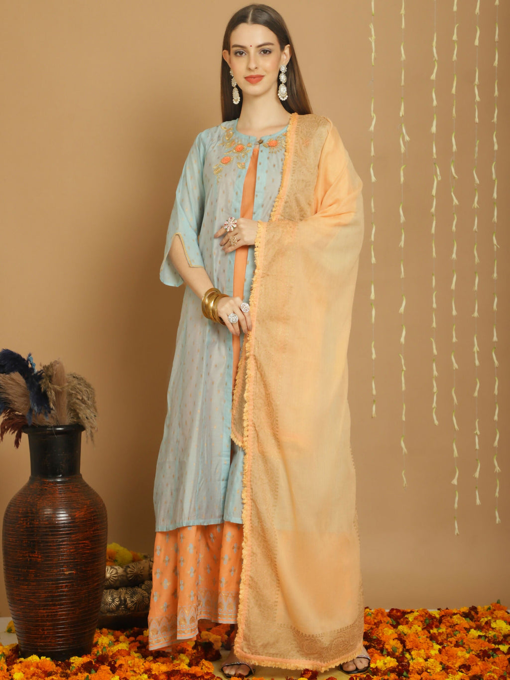 Jyoti Fashion Women's Turquoise Chanderi Silk Elegant Jardoshi Kurta with Trouser & Dupatta