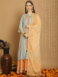 Jyoti Fashion Women's Turquoise Chanderi Silk Elegant Jardoshi Kurta with Trouser & Dupatta