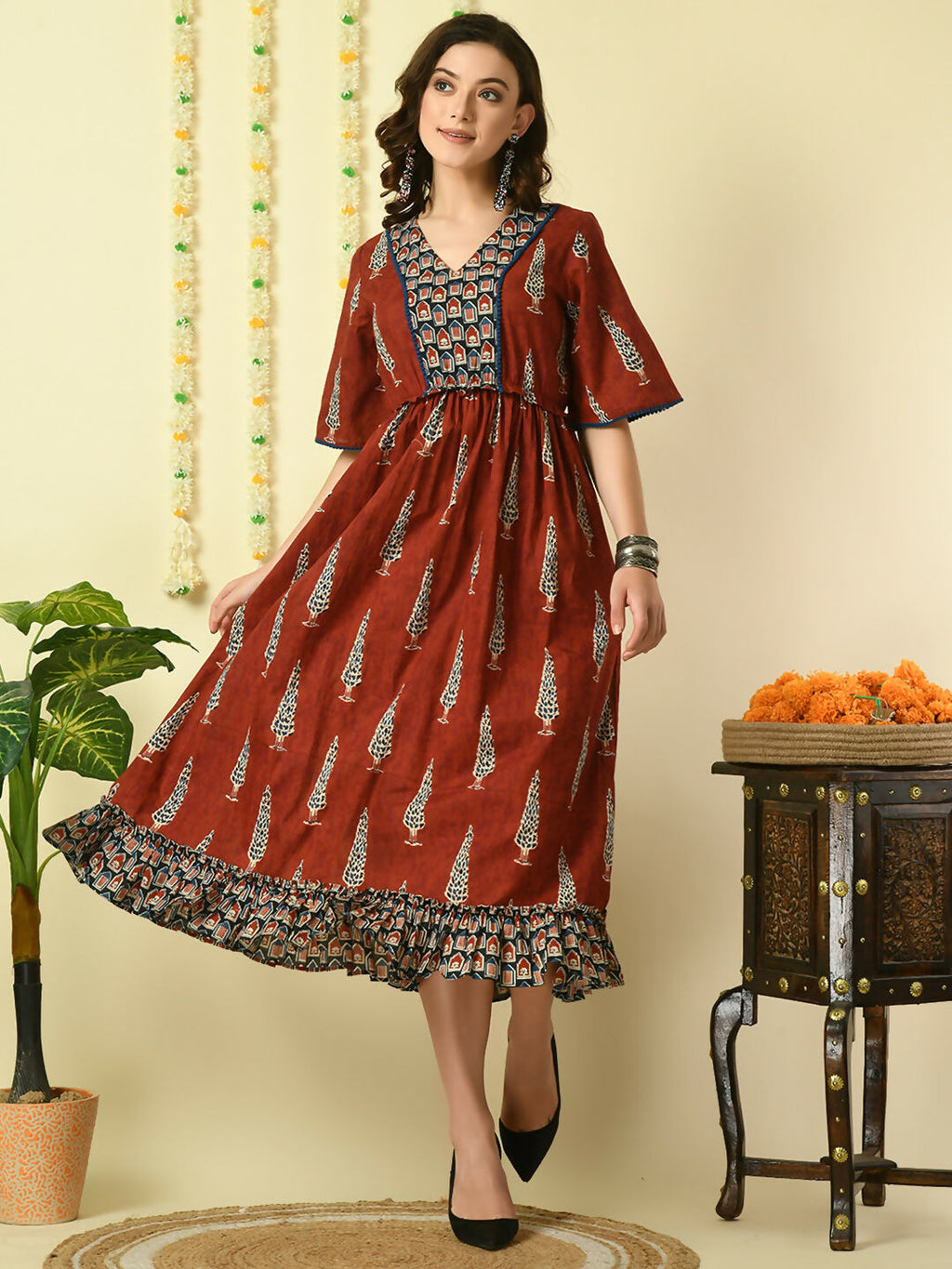 Myshka Women's Rust Printed Cotton Party Dress