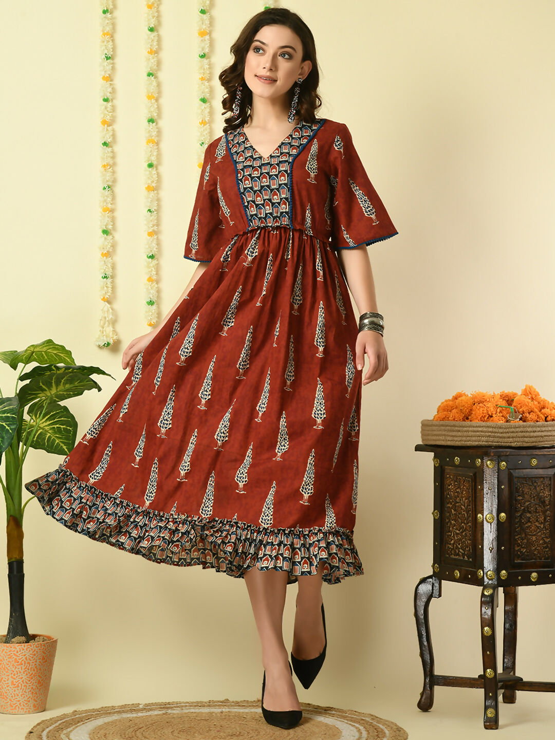 Myshka Women's Rust Printed Cotton Party Dress
