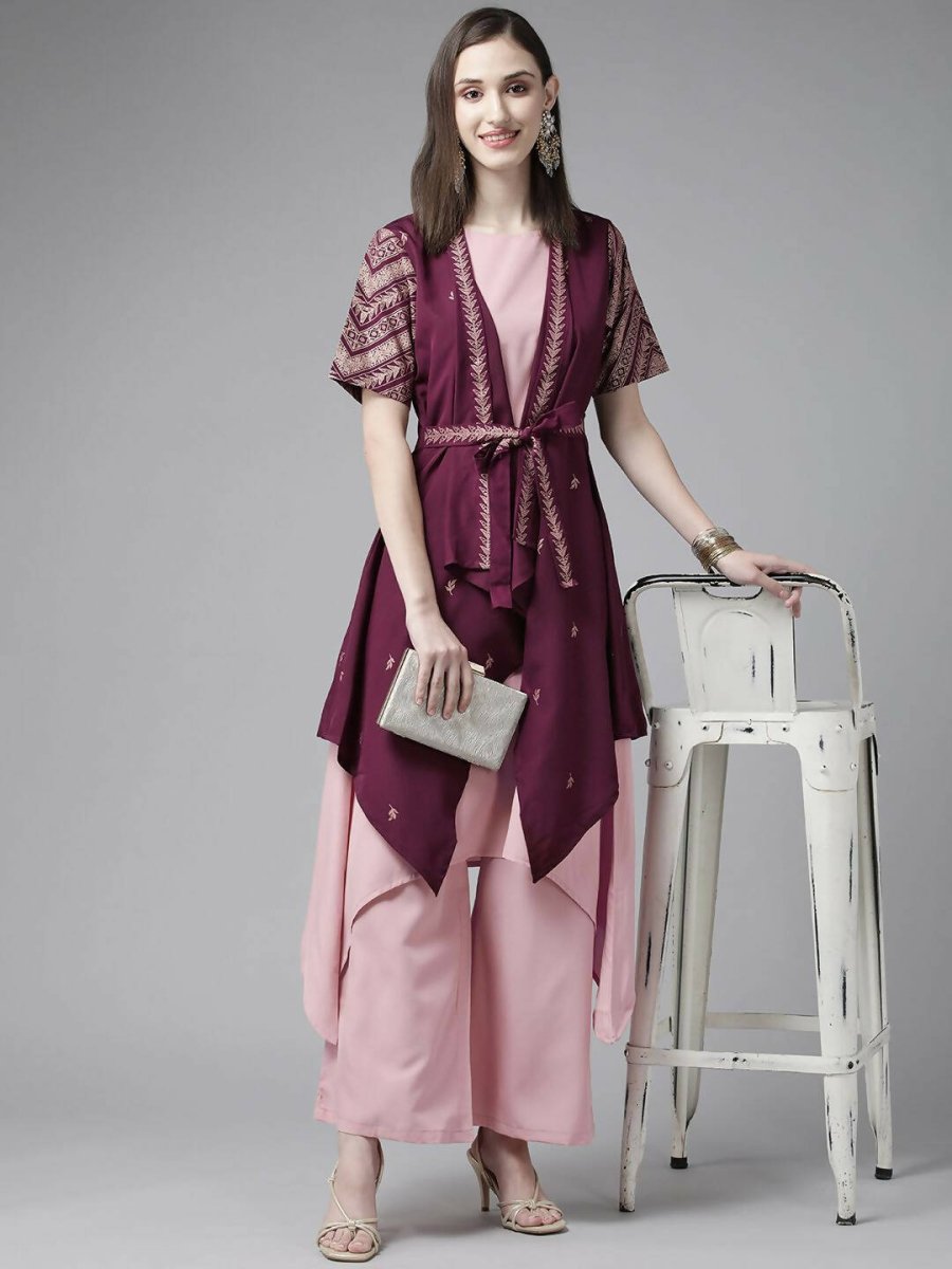 Ahalyaa Women Rose Pink Crepe Kurta Palazzos Set With Burgundy Jacket
