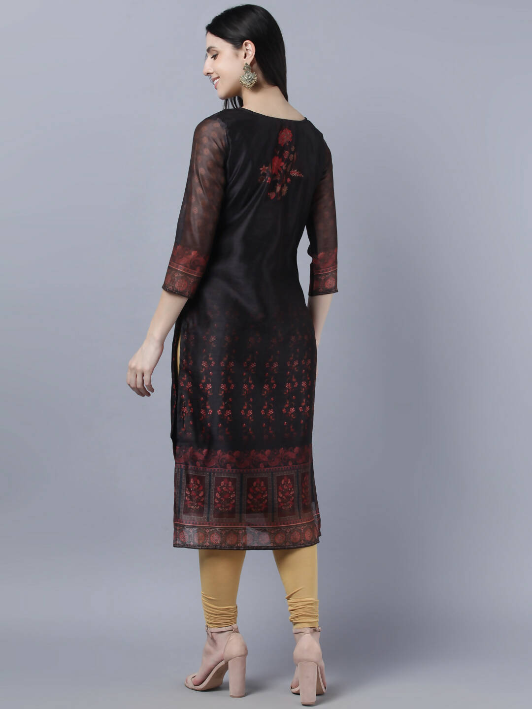 Myshka Women Black Red Floral Printed Chanderi Silk Kurta