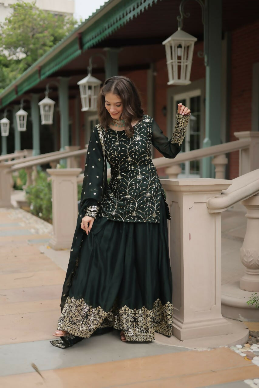 Vastranavya Premium Designer Heavy Sequins & Thread Embroidered work Kurti Palazzo & Dupatta - Mehendi