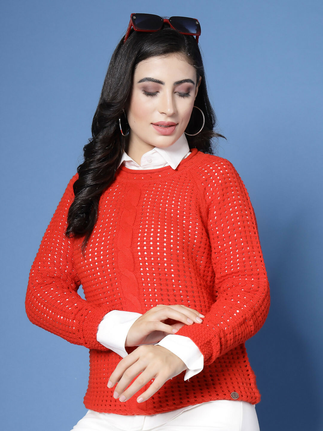 Women Pointelle Rust Acrylic Winter Sweater - Wool Trees