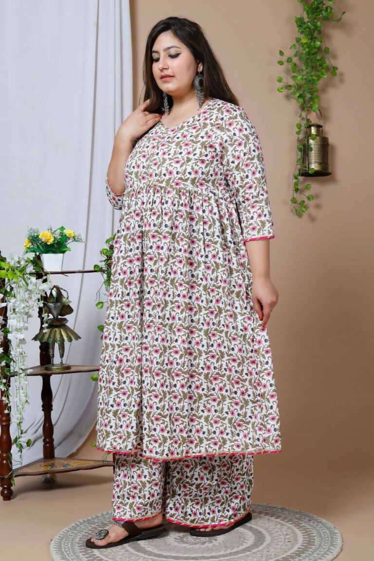 Miravan Women's Plus Size Cotton Floral Print Anarkali Kurta And Sharara Set