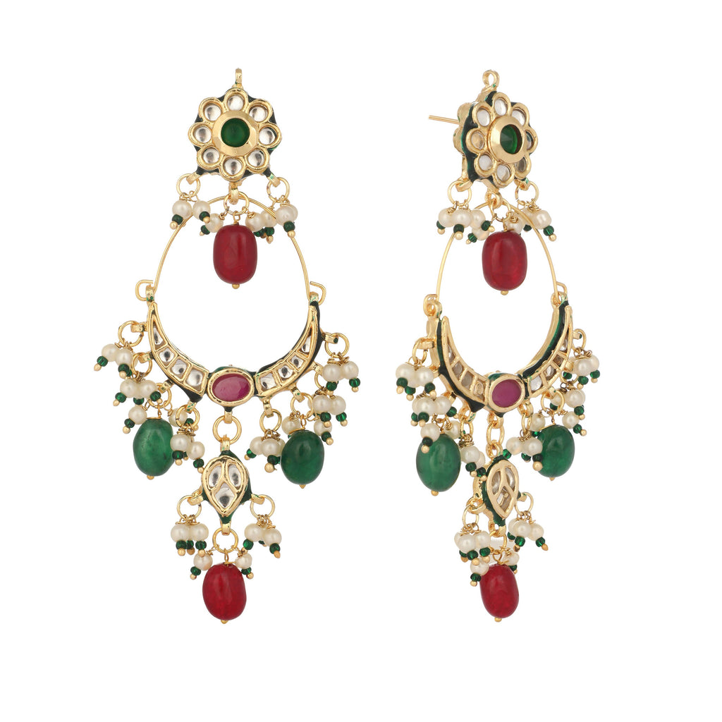 Nuyug 22K Gold Plated Crescent Kundan Drop Red Stone Chandbali Earrings