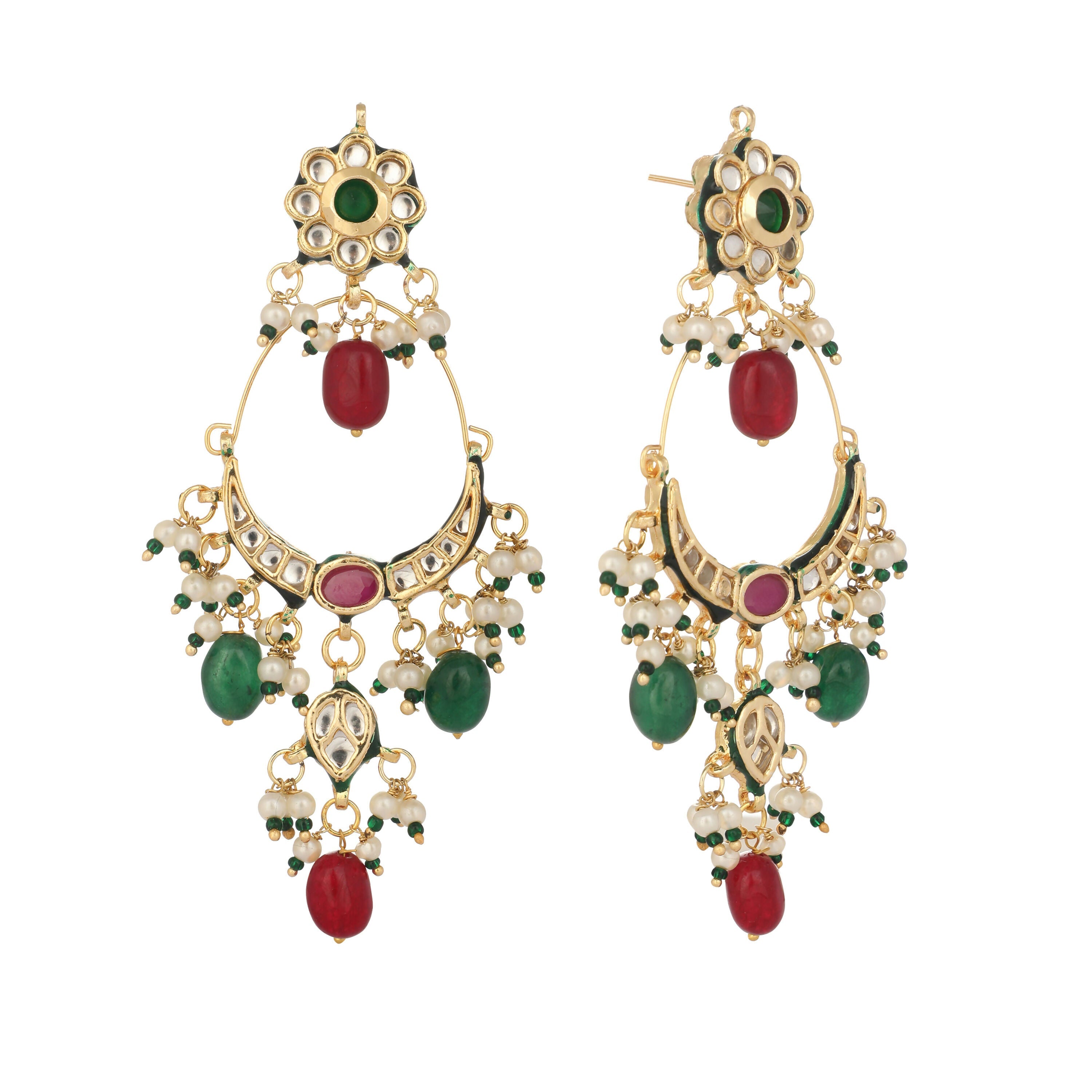 Nuyug 22K Gold Plated Crescent Kundan Drop Red Stone Chandbali Earrings