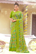 Green Chiffon Printed Ivory Print and Zari work Saree with Unstitched Blouse Piece - Shanaya