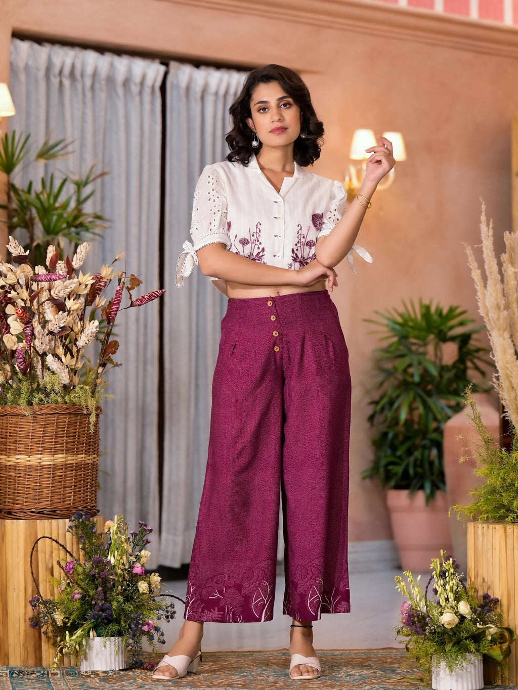 Juniper Women's Wine Thread Embroidered Cotton Shirt Crop Top & Pant Co-Ord Set With Buttons & Tie-ups